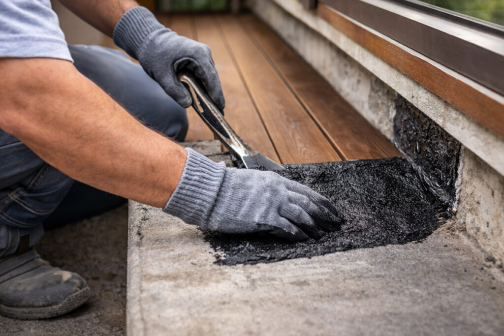 Abdichtungsarbeiten mit Bitumen an Balkon oder Terrasse im Detail