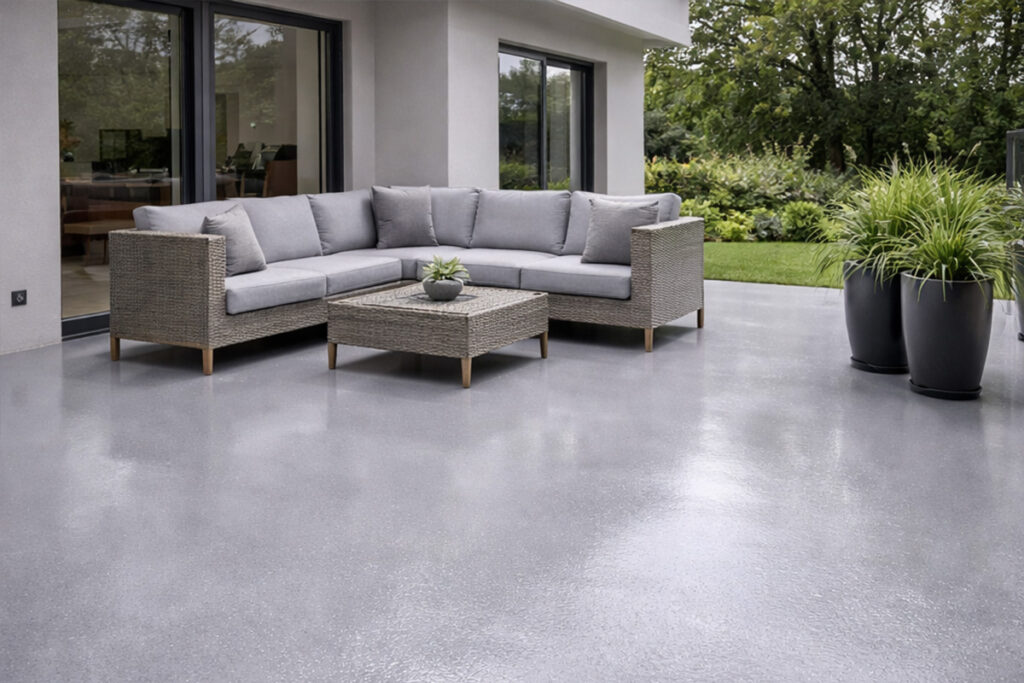 Moderne Terrasse mit fugenlosem Epoxidharz Boden und Lounge im Garten