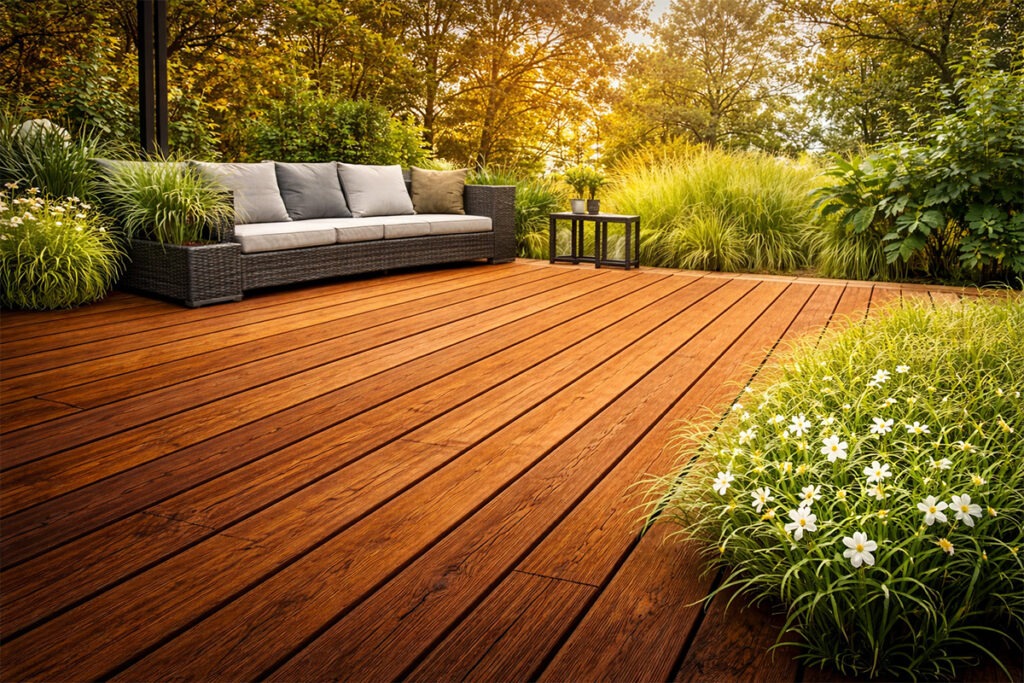 Holzterrasse im Garten mit Lounge, Pflanzen und stimmungsvoller Abendsonne