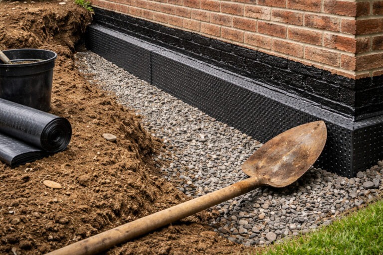 Mauerwerksabdichtung mit Noppenbahn und Drainage bei Hauswand