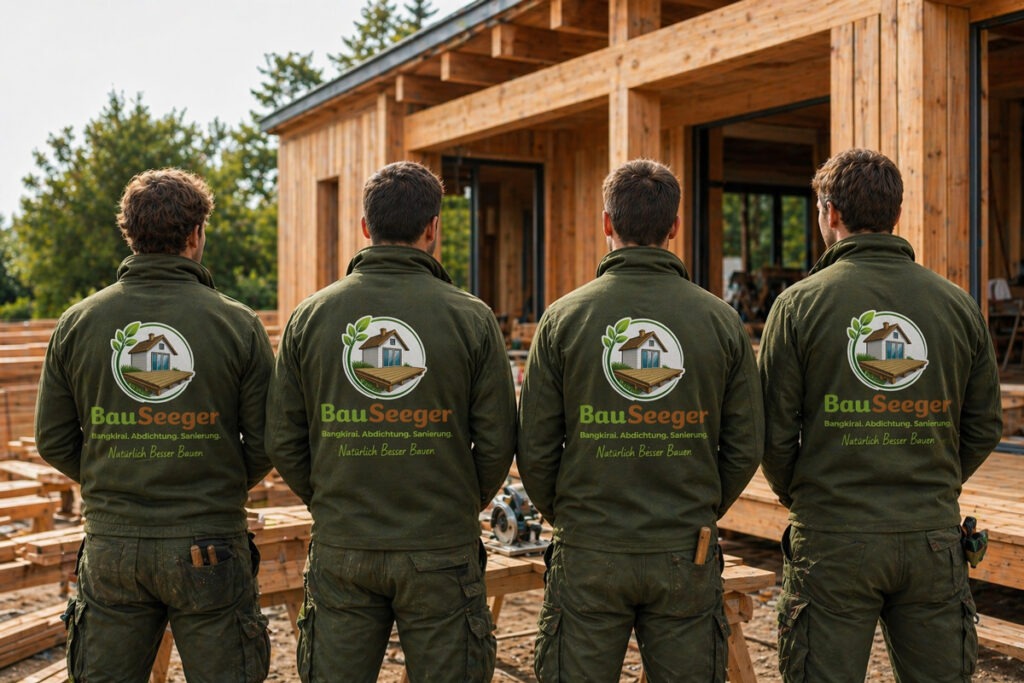 Bau Seeger Handwerker Team vor moderner Holzterrasse beim Terrassenbau