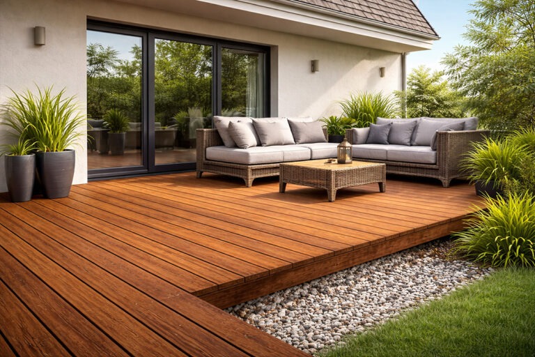 Moderne Holzterrasse mit Lounge und bepflanztem Gartenbereich am Haus