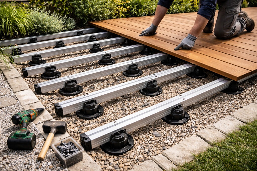 Montage einer Holzterrasse auf Unterkonstruktion mit Stelzlagern und Aluminiumprofilen