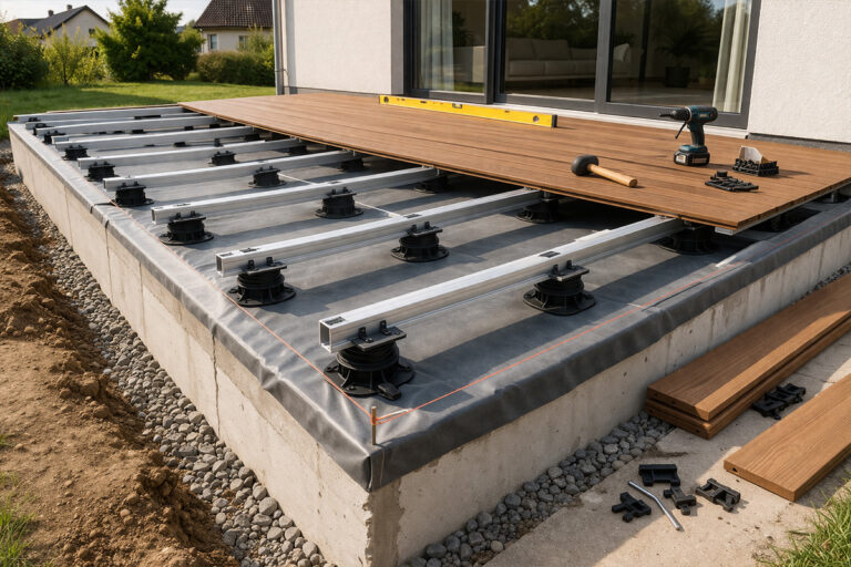 Terrassenaufbau mit Abdichtung, Stelzlagern und Aluminium Unterkonstruktion im Detail