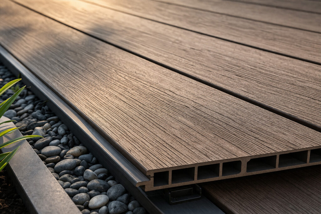 Detailaufnahme einer WPC Terrassendiele mit Unterkonstruktion und Befestigungssystem