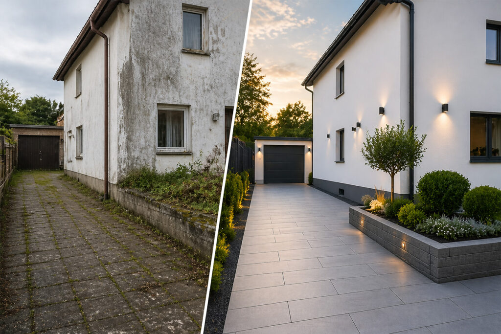 Vorher Nachher Vergleich einer Hausfassade mit modernisierter Terrasse und Außenbereich