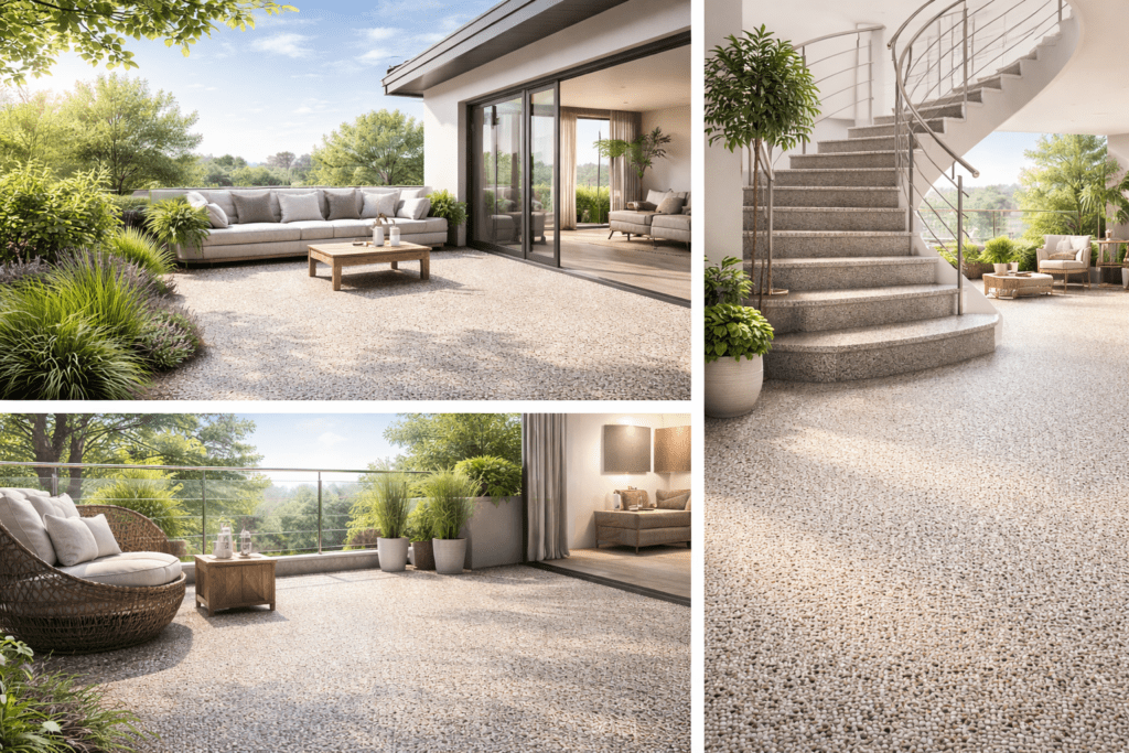 Moderner Steinteppich im Innen- und Außenbereich mit Terrasse und Treppe