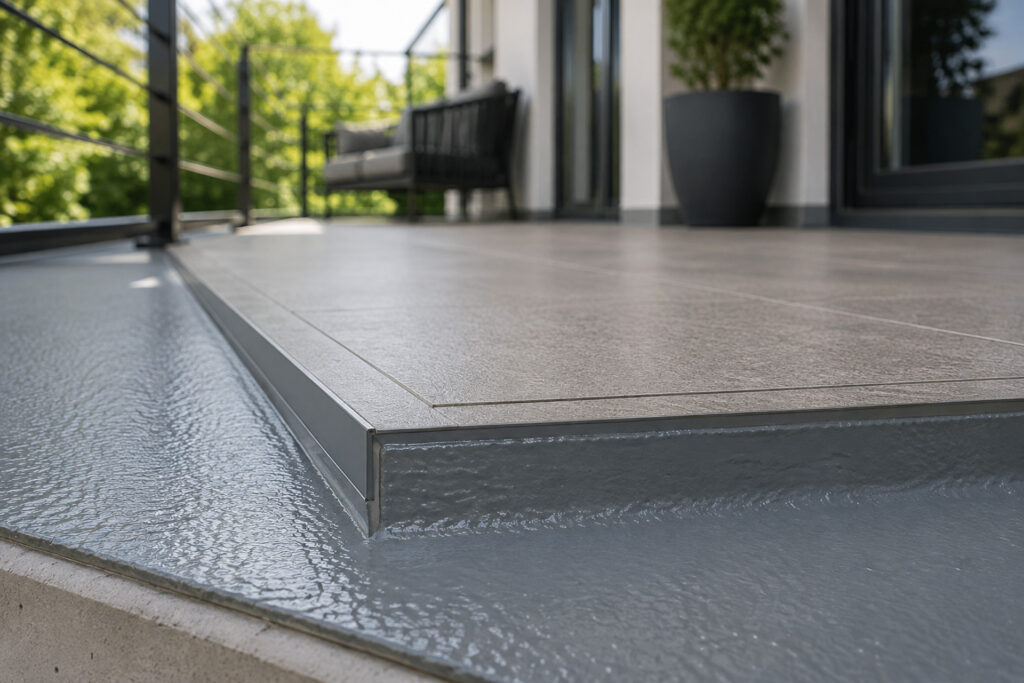 Detailaufnahme einer fachgerecht abgedichteten und modernisierten Balkonfläche mit hochwertigem Bodenbelag