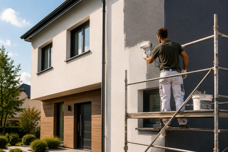 Handwerker bei der professionellen Gestaltung und dem Anstrich einer modernen Hausfassade