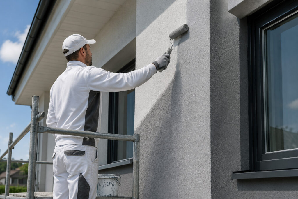Handwerker beim präzisen Anstrich einer modernen Hausfassade mit Farbrolle