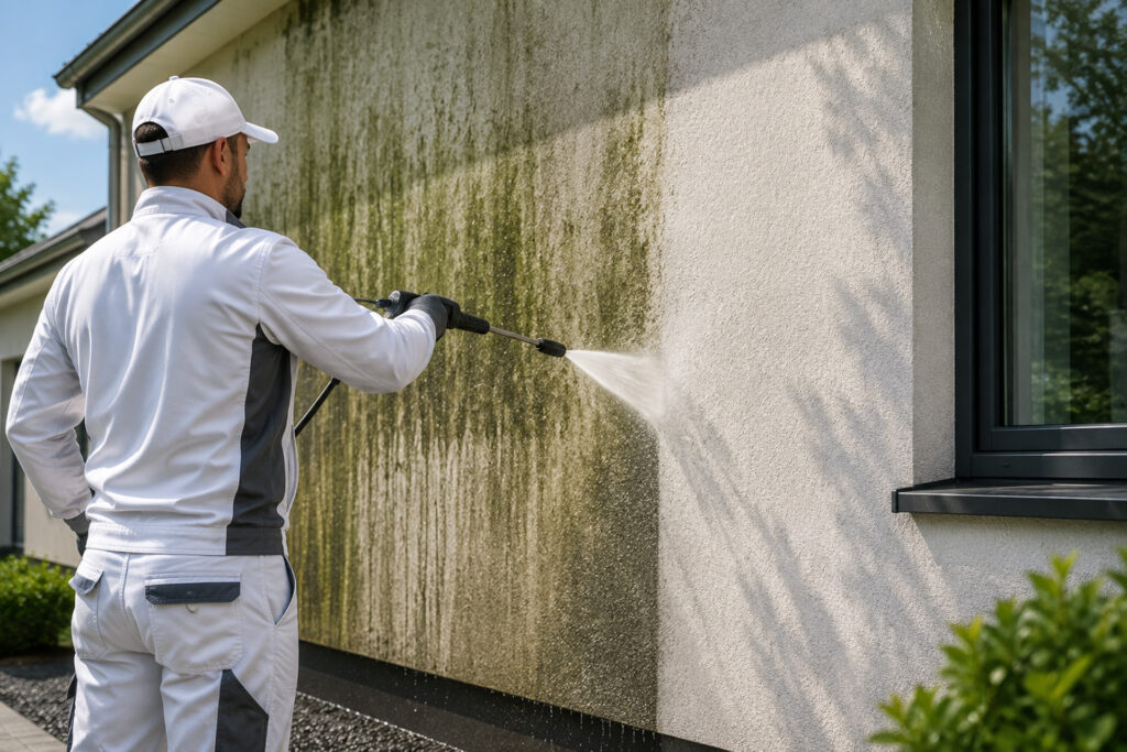 Handwerker bei der gründlichen Fassadenreinigung und Entfernung von Algen und Verschmutzungen