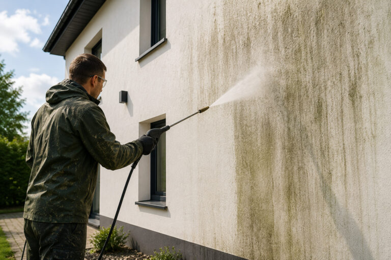 Professionelle Fassadenreinigung einer verschmutzten Hausfassade durch einen Fachbetrieb