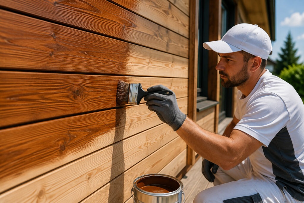 Handwerker beim präzisen Auftragen einer schützenden Holzlasur auf eine Holzfassade