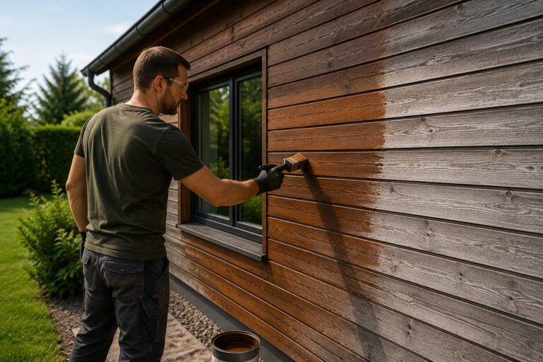 Handwerker beim professionellen Holzanstrich einer Holzfassade zum Schutz vor Witterung