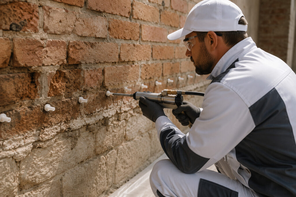Handwerker bei der Injektion einer Horizontalsperre zur Trockenlegung von feuchtem Mauerwerk