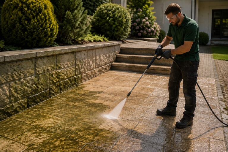 Professionelle Reinigung einer verschmutzten Natursteinfläche durch einen Fachbetrieb