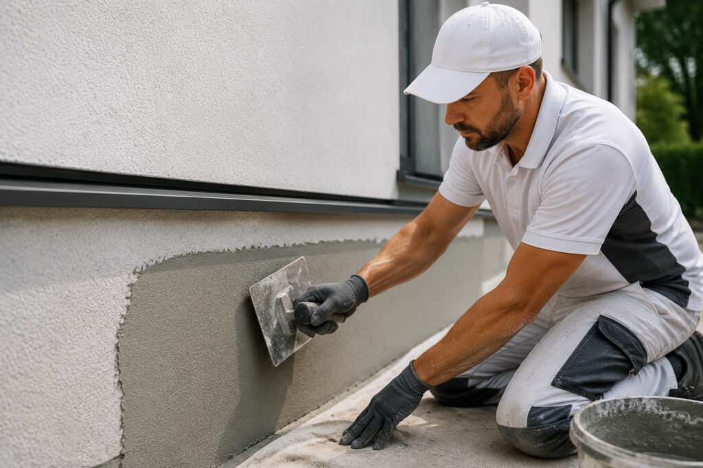 Handwerker glättet frischen Sockelputz an einer Hausfassade