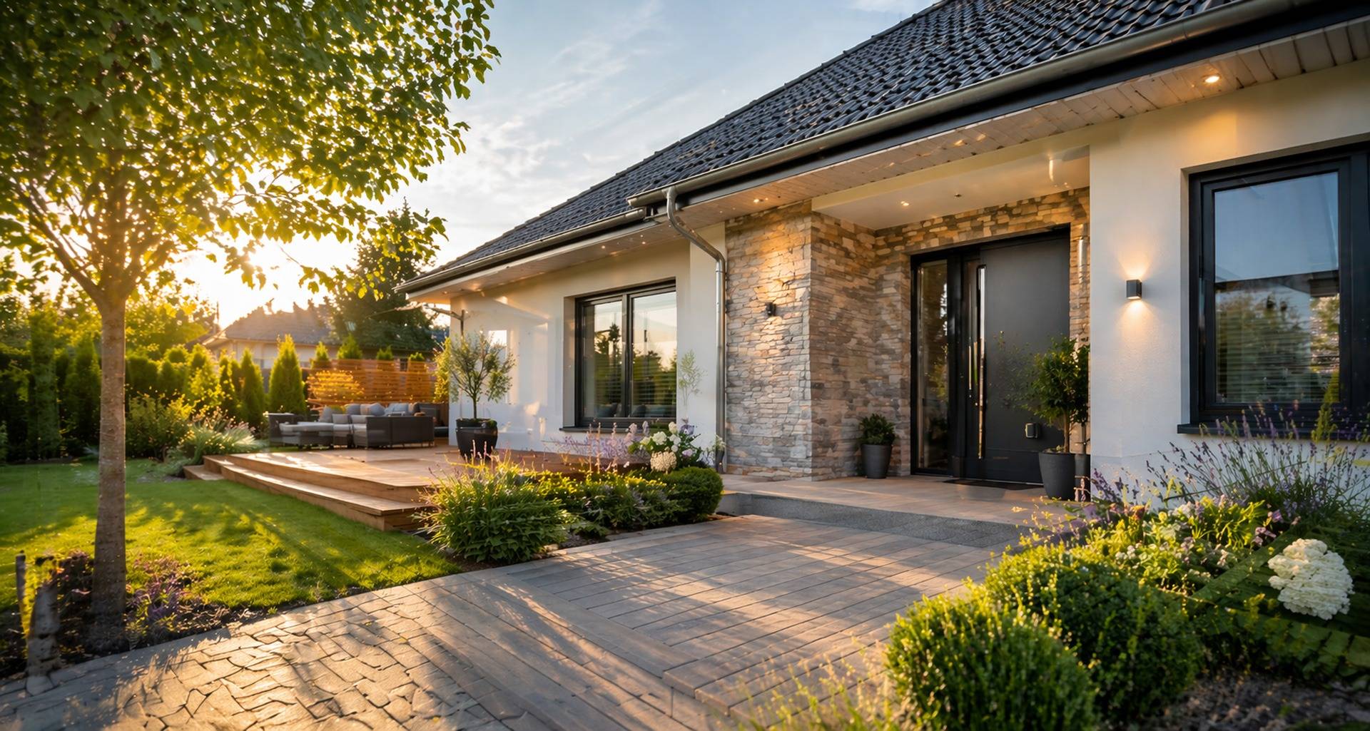 Modernes Haus mit neuer Fassade, Pflasterarbeiten und Außenanlage